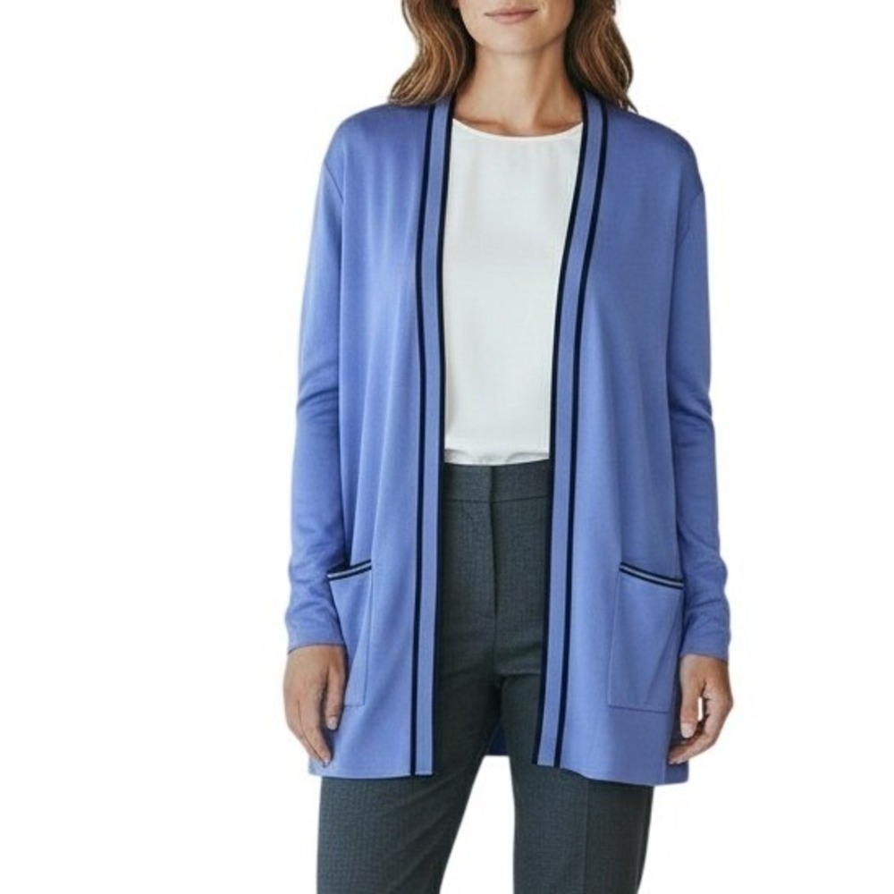 Misook Long Sleeve Cardigan Periwinkle Black Trim Open Front Pockets Size L